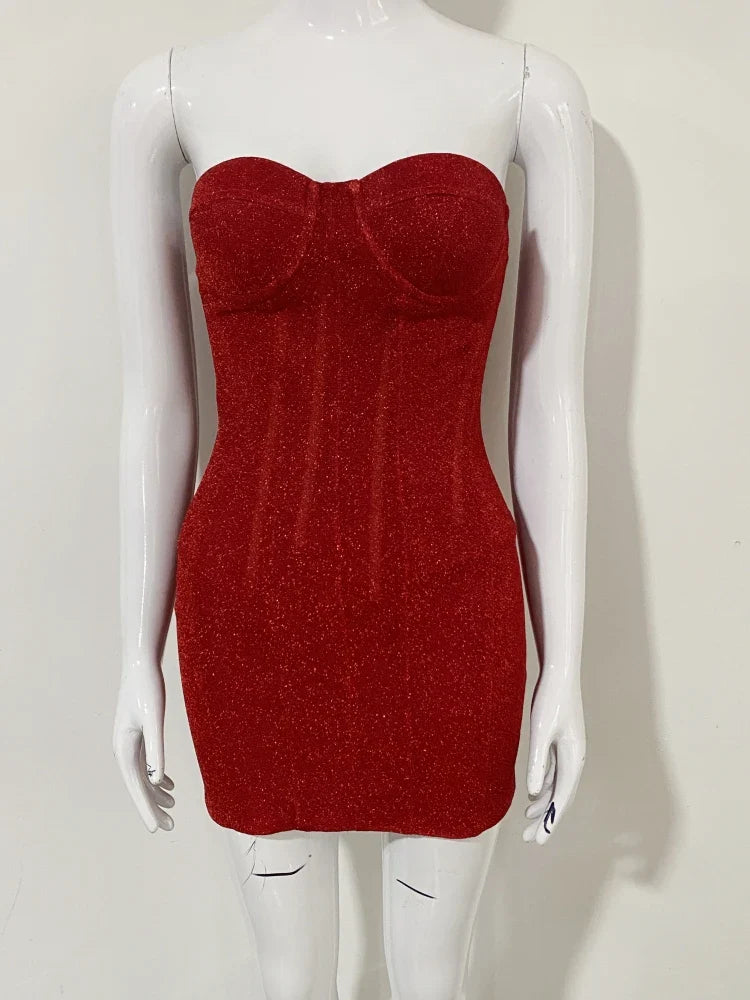 שמלת מיני סטרפלס נצנצים קשירות בגב להצרה והצמדה - טוהר