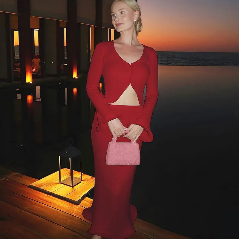 סט שני חלקים סרוג חולצה בסגירת כפתורים וחצאית מקסי - PARIS