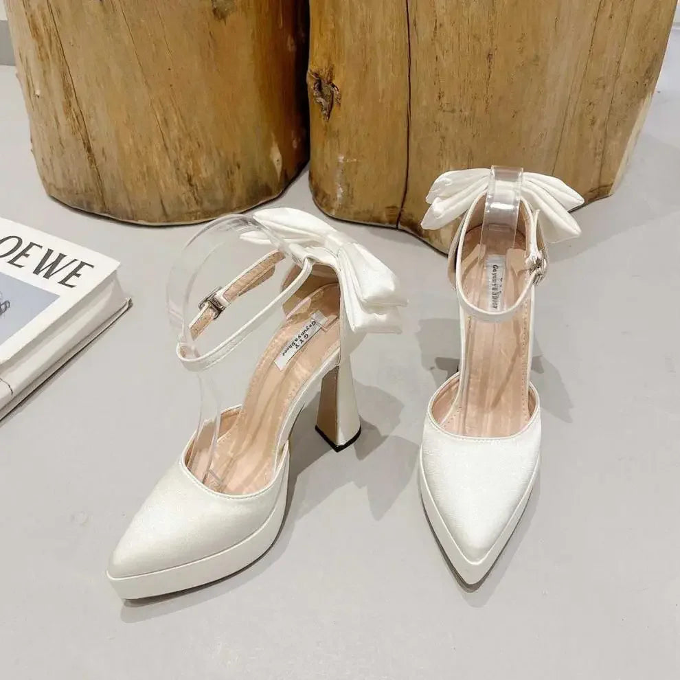 Satin Platform Heel Shoes with Bow Decoration - Doli