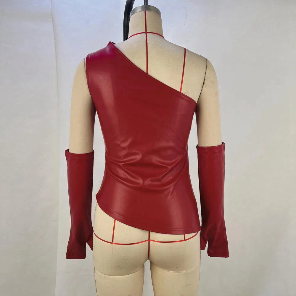 טופ דמוי עור כתפייה אחת בעיטור כפפות תואמות - סול