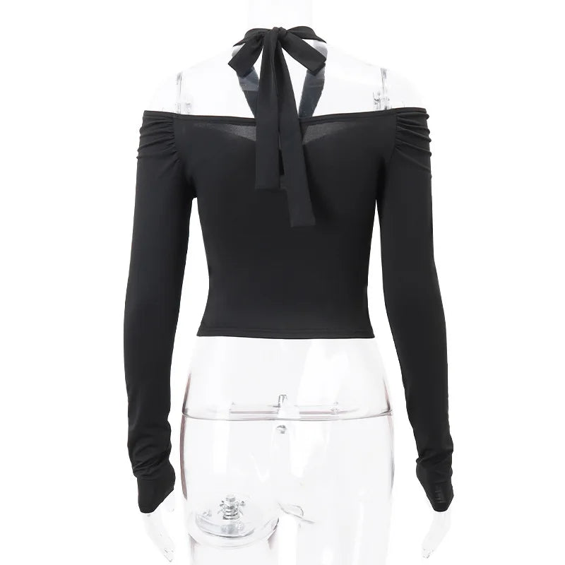 חולצה צמודה שרוול ארוך בשילוב קשירה בצוואר - פנלופי