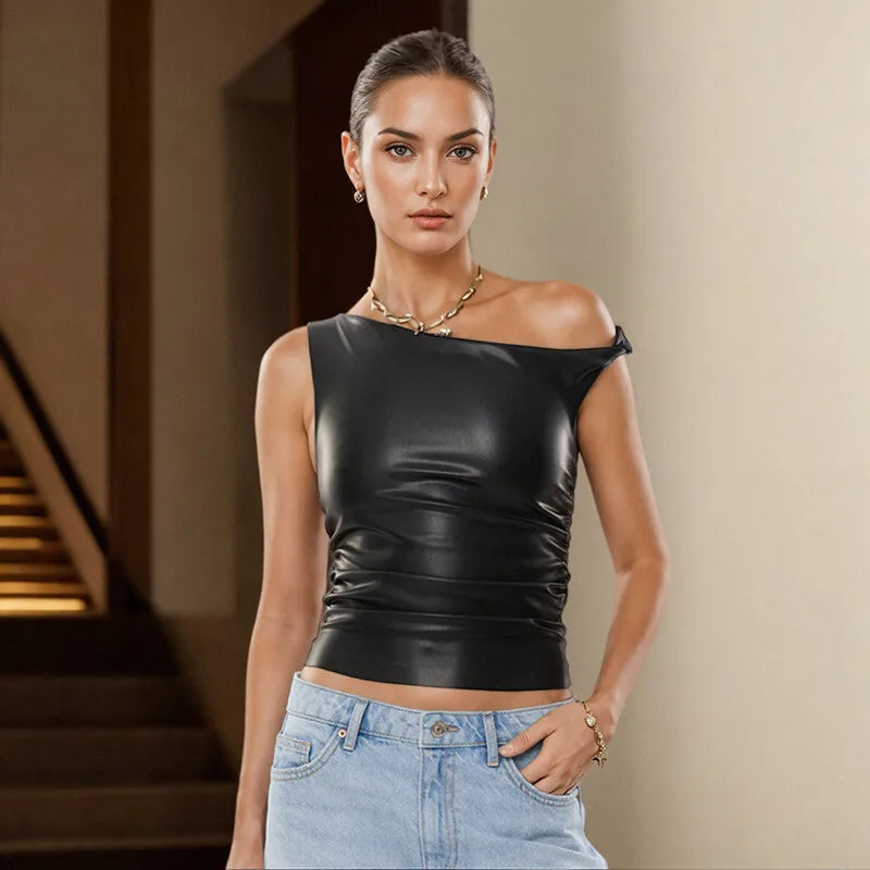 Faux leather top with asymmetrical design - Kami