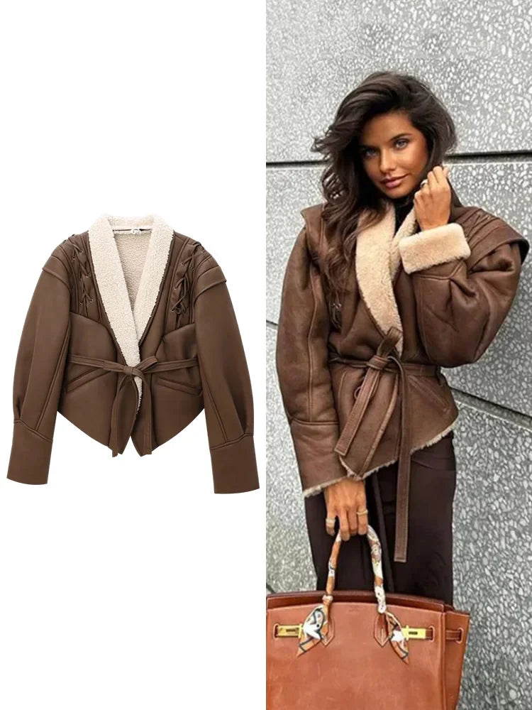 מעיל עור פרווה פנימית בעיצוב קשירת חגורה - מורן