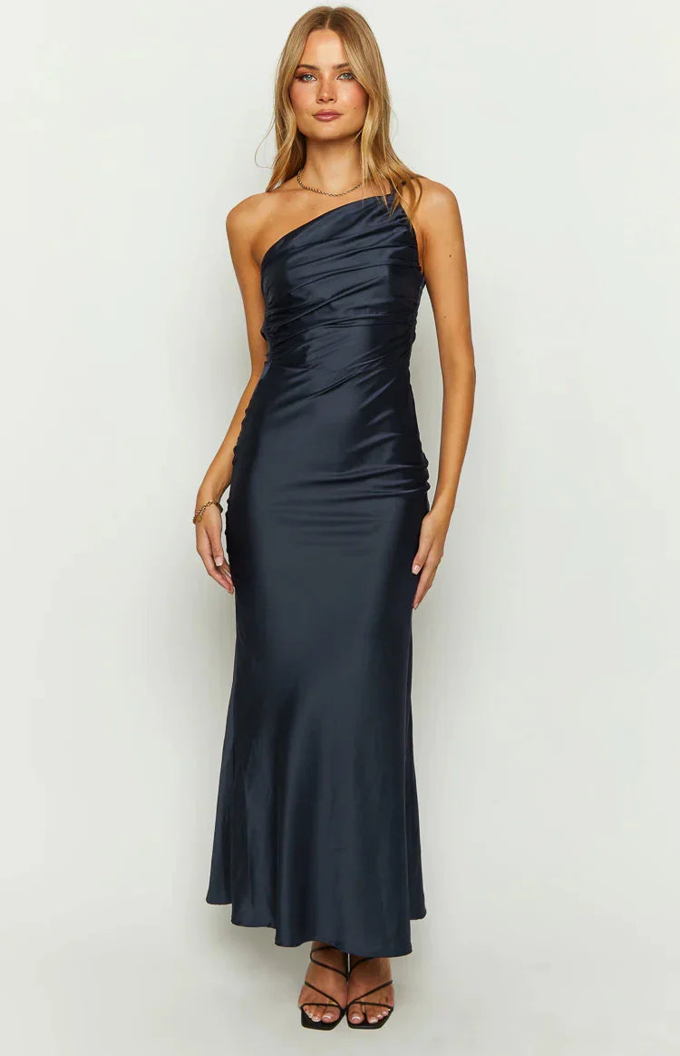שמלת מקסי סאטן גב פתוח כתפייה אחת - ג'יין