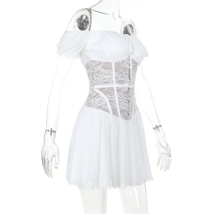 Off-the-shoulder balloon mini dress with lace trim - Fudge