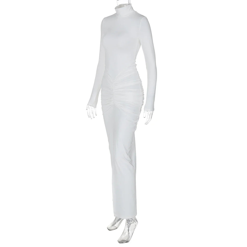 שמלת מקסי כיווצים צווארון גולף בעיטור שסע - Brianna