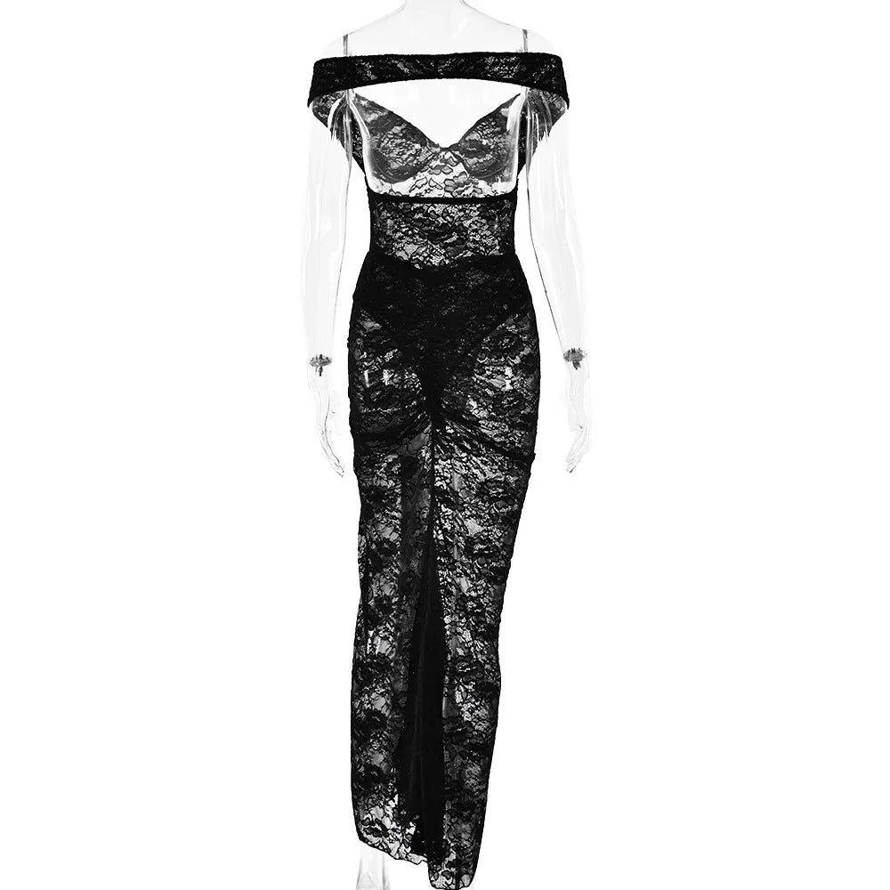 שמלת מקסי תחרה כתפיים חשופות בעיצוב שסע - אמיליאנה