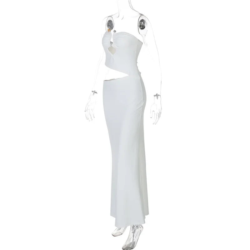 שמלת מקסי סטרפלס בסגנון חתוך בעיטור אבזם - טאי