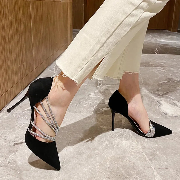 Suede Fabric Pointed Heel Shoes with Sparkling Sequin Design - Alior