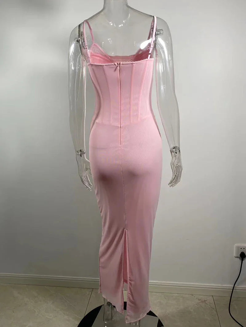 שמלת מקסי שיפון צמודה בעיטור תחרה - רוזי