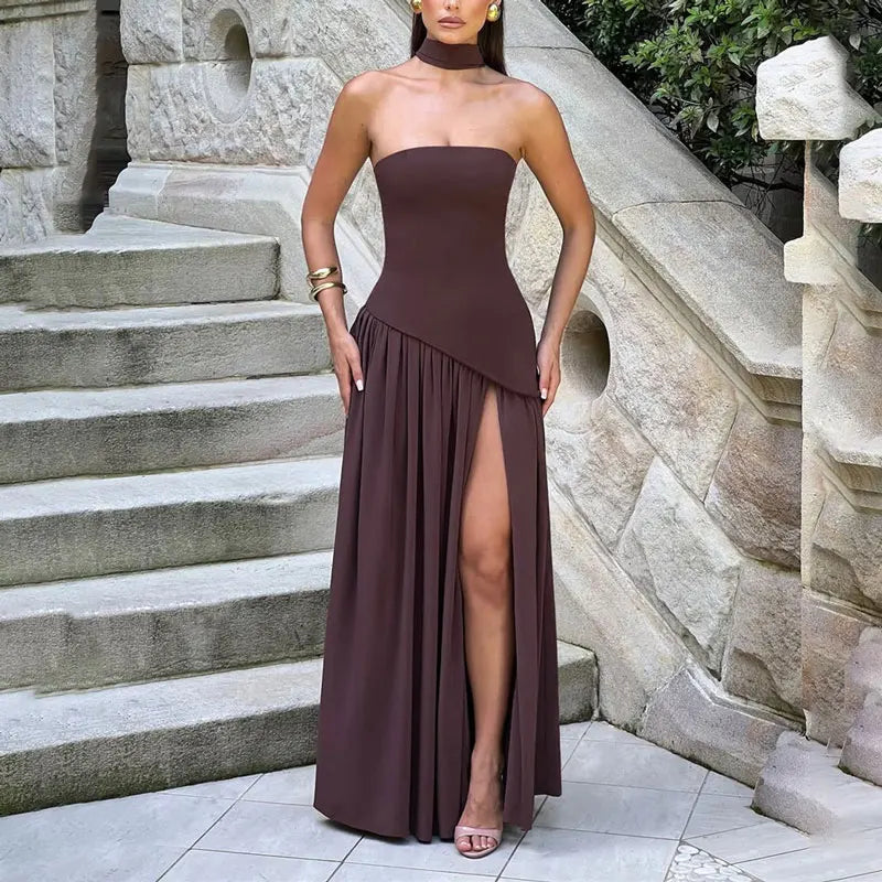 שמלת מקסי סטרפלס קשירה בגב בעיצוב חצאית שיפון בעיטור שסע וצעיף תואם - Zora