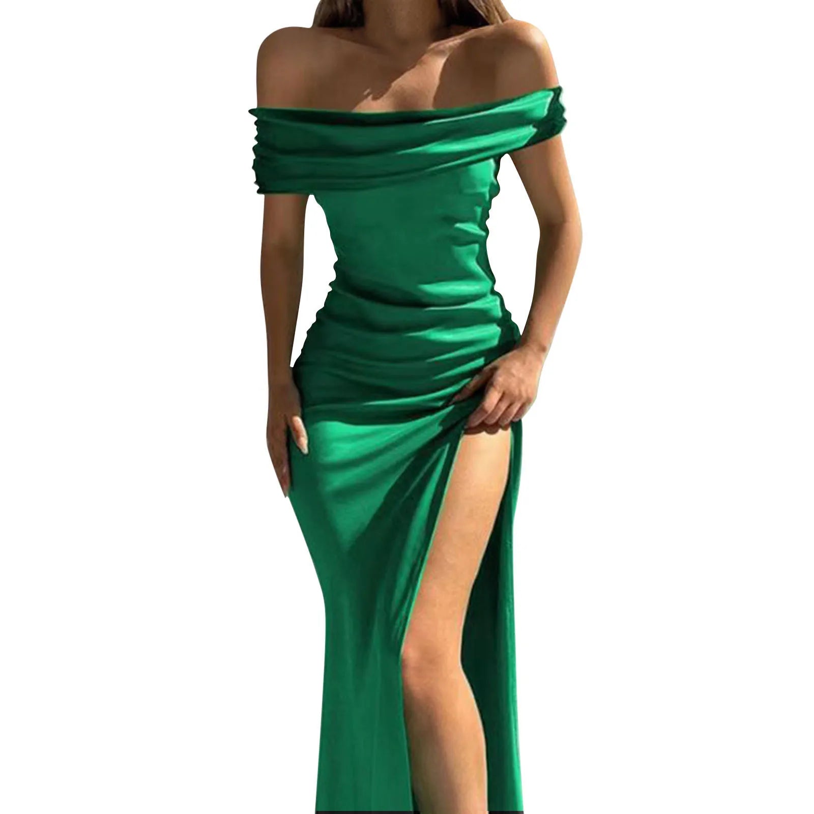 שמלת מקסי סאטן בעיצוב כתפיים חשופות ושסע - Harmoni