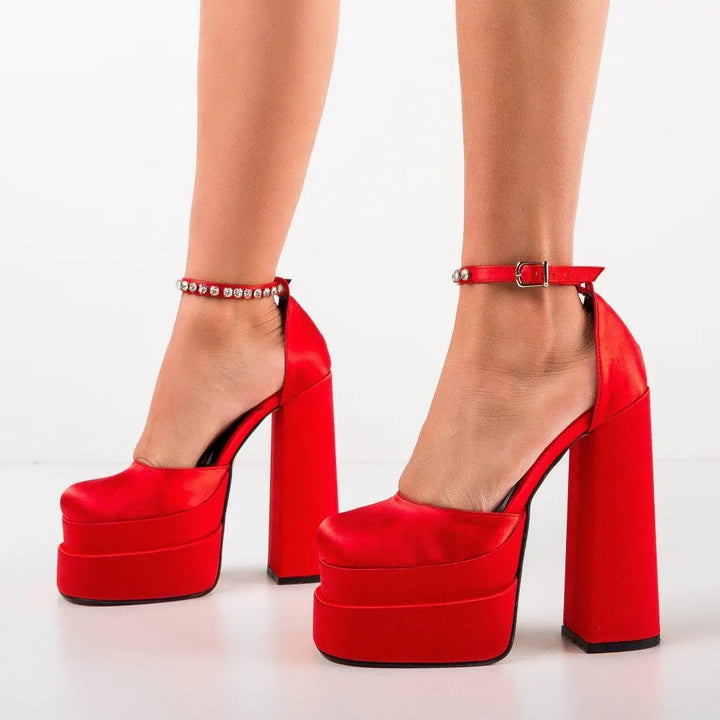 Platform doll shoes in silk satin fabric decorated with diamonds - Melis