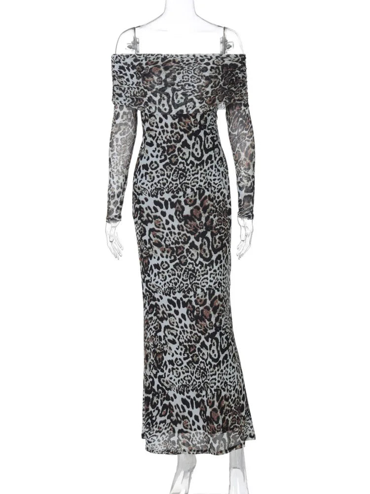 שמלת מקסי מנומרת כתפיים חשופות - ז'ני