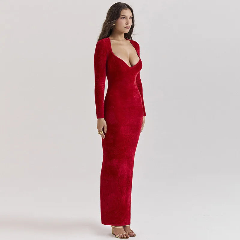 שמלת מקסי קטיפה צמודה - AMOR