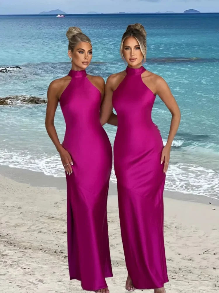 שמלת סאטן מקסי קולר בעיטור שסע - אמארי