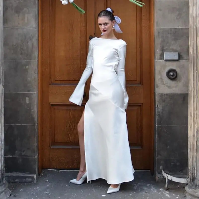 שמלת ערב מקסי סאטן גב פתוח בשילוב שסע ושרוולי פעמון  - מריאן