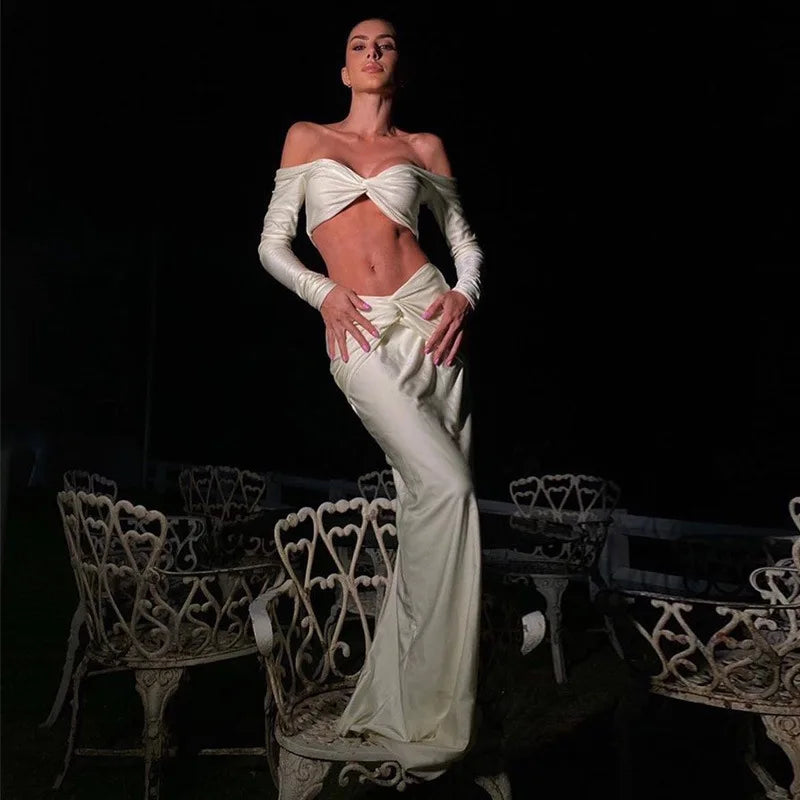 סט שני חלקים בעיצוב כיווצים חצאית מקסי וטופ כתפיים חשופות - Kailani