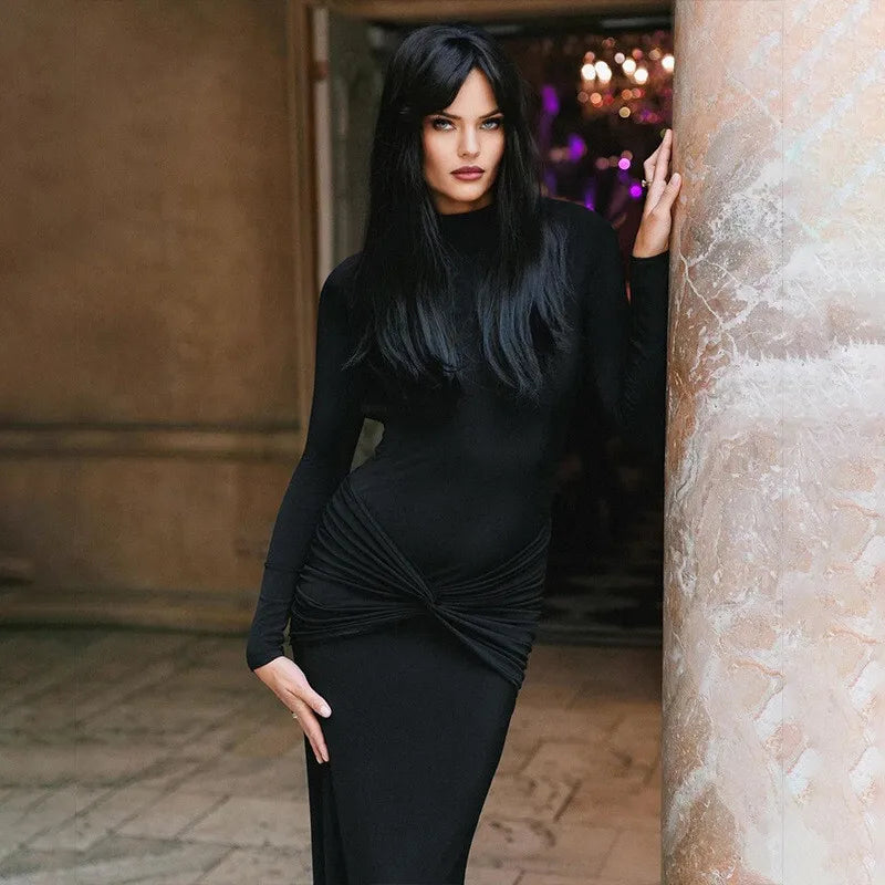 שמלת מקסי צווארון גולף גב פתוח בעיטור כיווצים - אילאיל