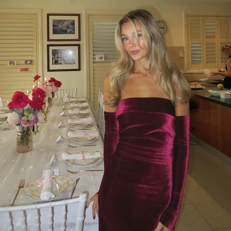 שמלת מקסי סטרפלס קטיפה צמודה  - MICAELLA