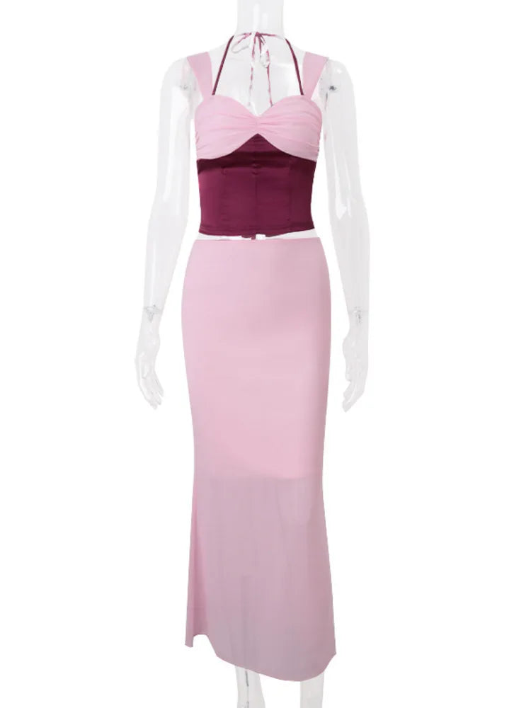 סט שני חלקים חולצה בעיצוב סאטן וחצאית מקסי בעיטור שיפון - מקסימה