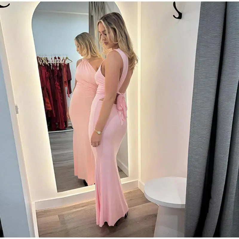 שמלת מקסי קשירה בגב - BABY PINK