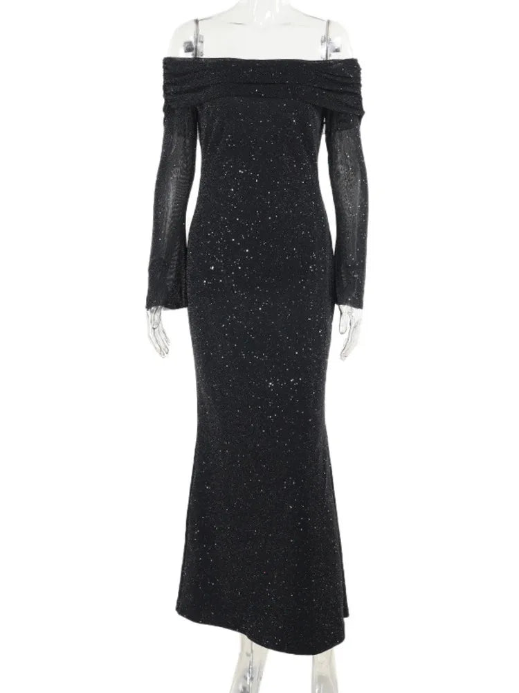 שמלת מקסי נצנצים כתפיים חשופות - שיינה