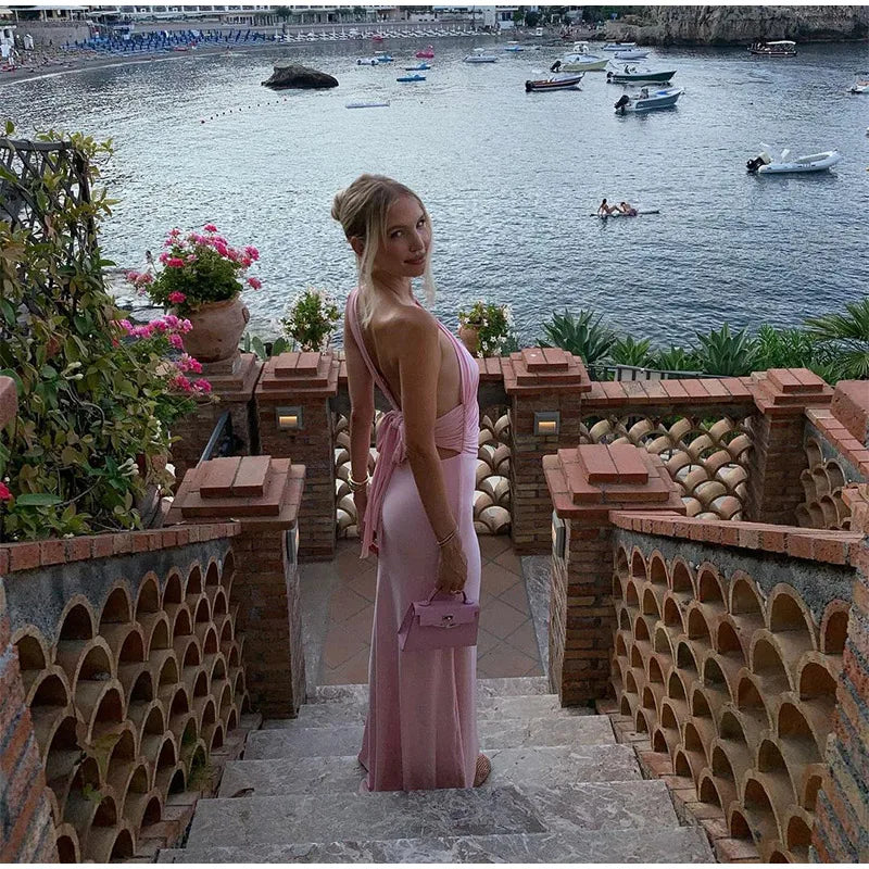 שמלת מקסי קשירה בגב - BABY PINK