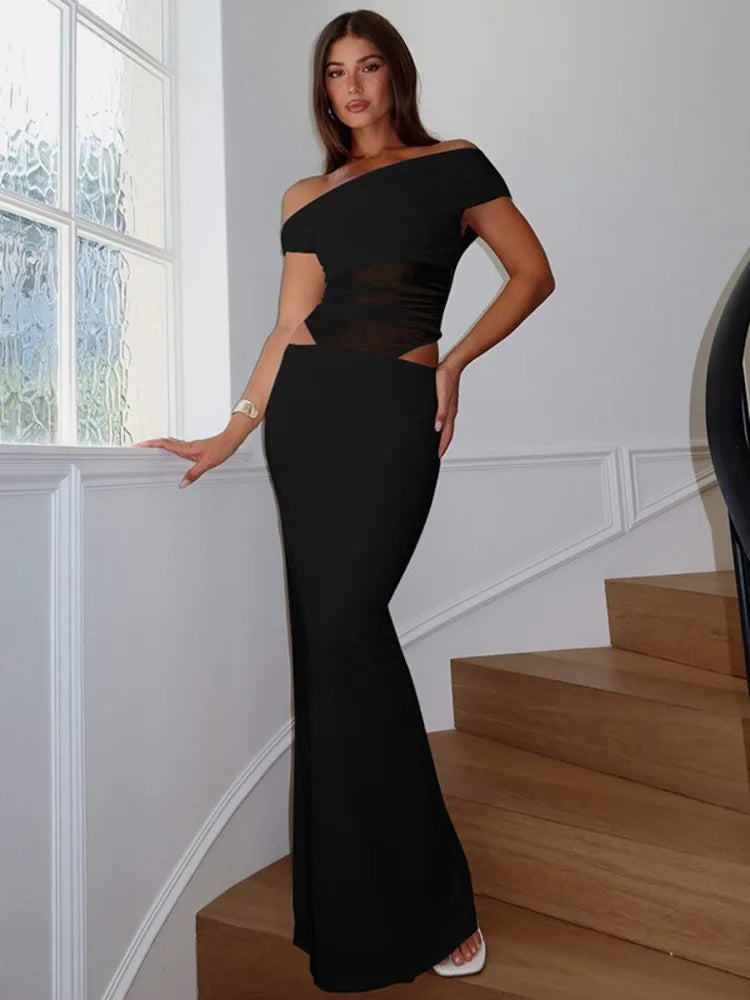 שמלת מקסי בעיצוב רשת ופתחים כתפיים חשופות - הלסיה