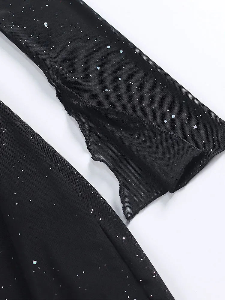 שמלת מיני נצנצים בעיצוב כתפיים חשופות ושרוולי רשת - Barbara