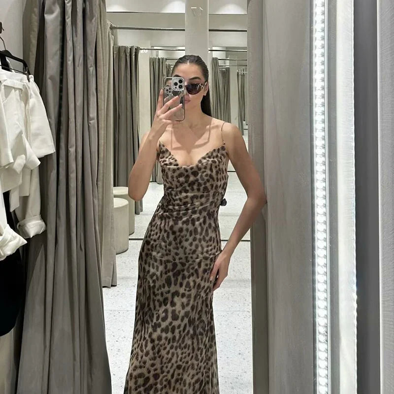 שמלת מקסי שיפון מנומרת אלגנטית גב פתוח - טירנה