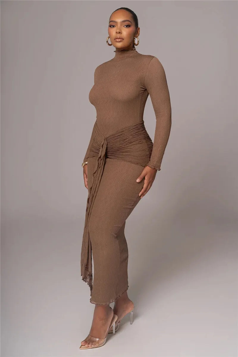 שמלת מקסי כיווצים בעיטור קשירה צווארון גולף - הלסי