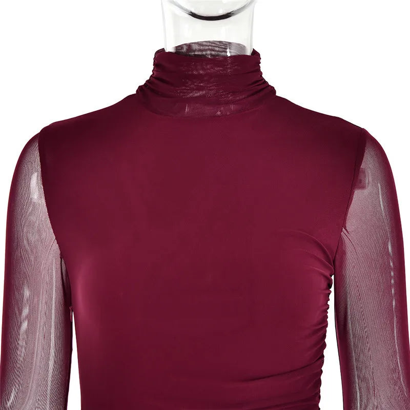 שמלת מיני קיפולים צווארון גולף שרוולי שיפון פעמון -  NARA