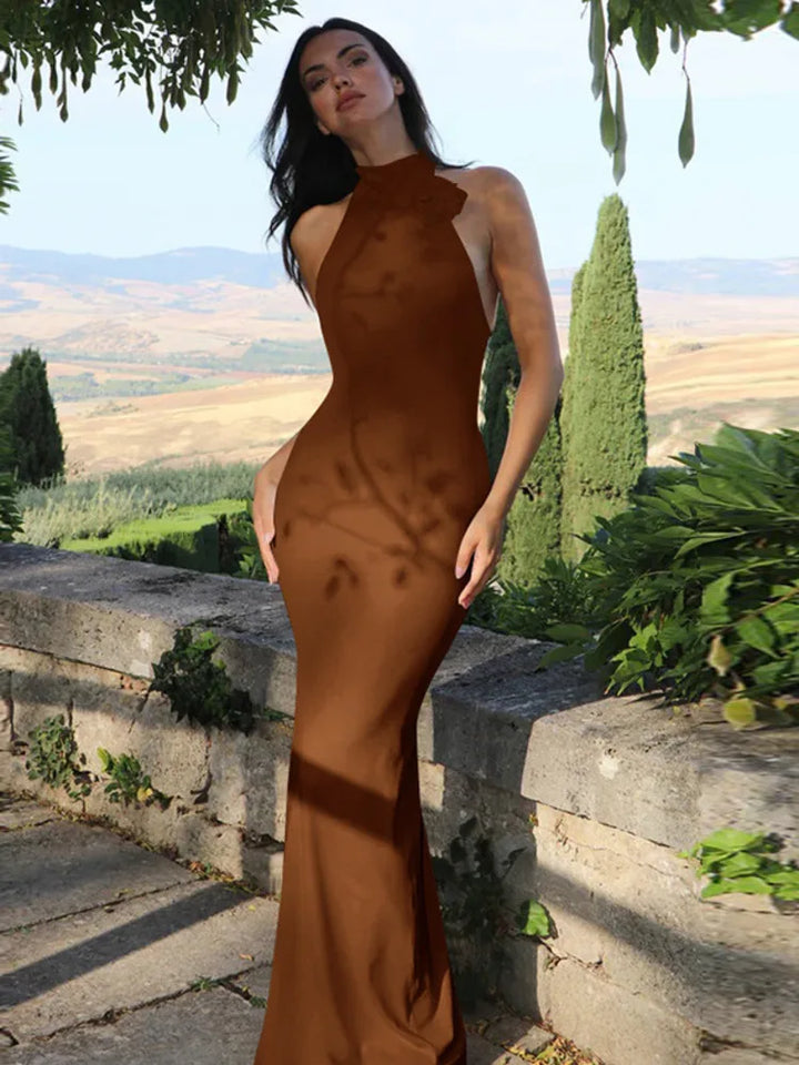 שמלת מקסי קולר סרוגה בעיטור פרח גב פתוח - Amalia
