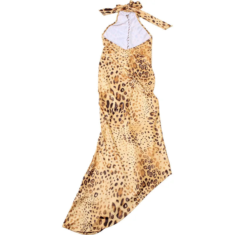 שמלת מקסי מנומרת בעיצוב אסימטרי קשירה בצוואר - רוקסי