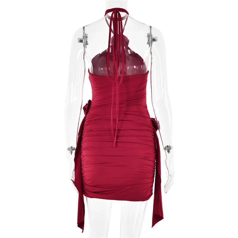 שמלת מיני כיווצים בעיצוב קשירה בצוואר בעיטור אפליקציות פרחים - ג'סמינה