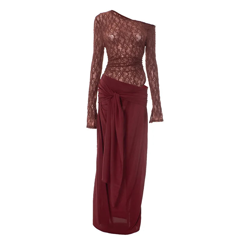 שמלת מקסי בעיצוב שסע ותחרה בעיטור קשירה - WINE