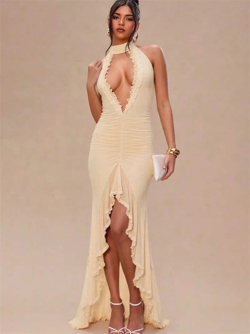 שמלת מקסי שיפון כיווצים מלמלה בעיצוב אסימטרי בעיטור צעיף תואם - מילקה