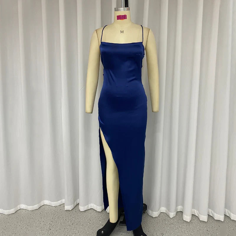 שמלת מקסי סאטן שסע - אזול