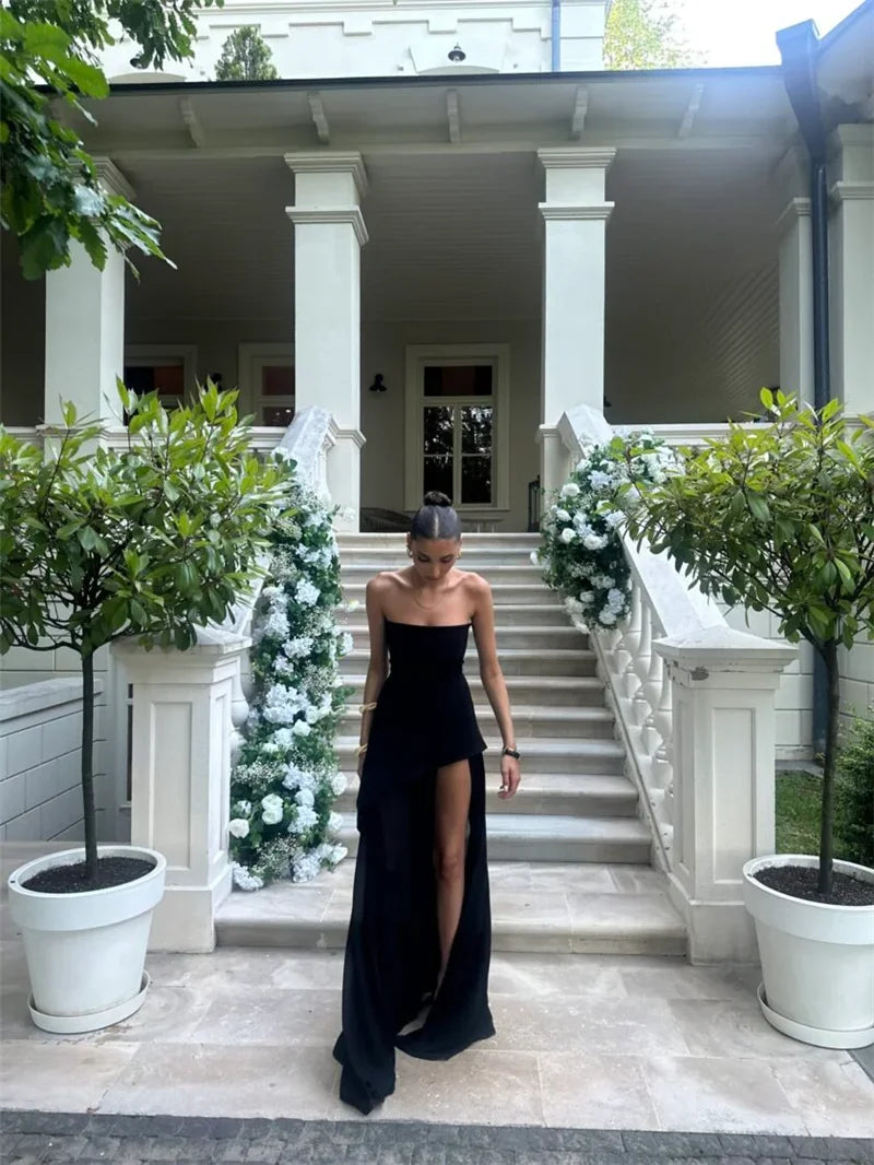 שמלת מקסי סטרפלס חלק תחתון שיפון בעיצוב שסע בעיטור צעיף תואם - Princess