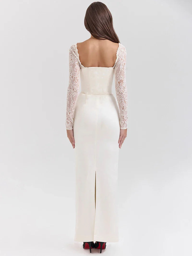 שמלת מקסי סאטן בעיצוב מחוך בעיטור תחרה - ג'ויה