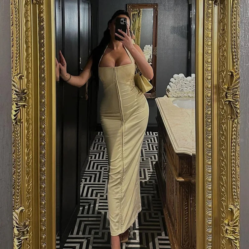 שמלת מקסי צמודה סגירת סיכות גב פתוח - Natasha