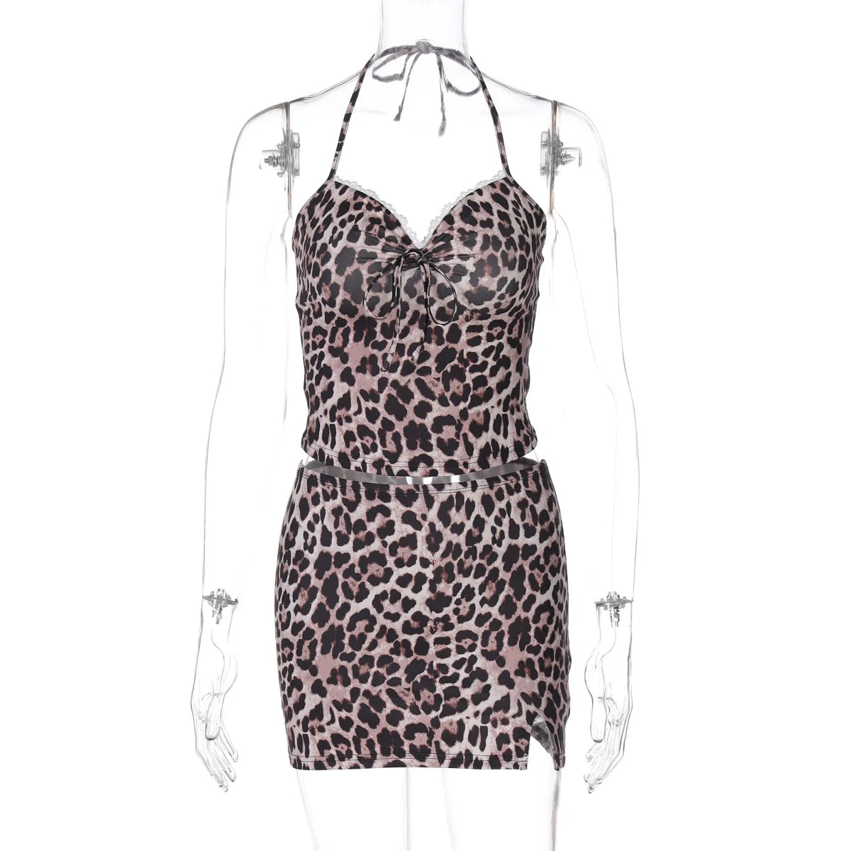 סט שני חלקים מנומר חצאית מיני וטופ קשירה בצוואר בעיטור תחרה - NALA