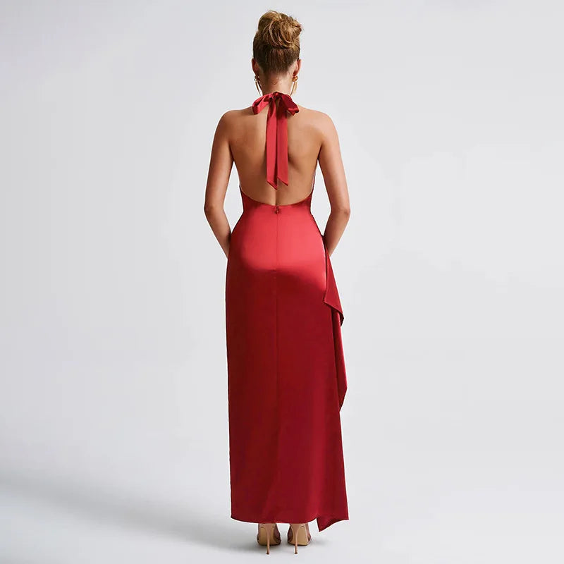שמלת מקסי סאטן גב פתוח בעיצוב קולר ושסע  - נסטיה