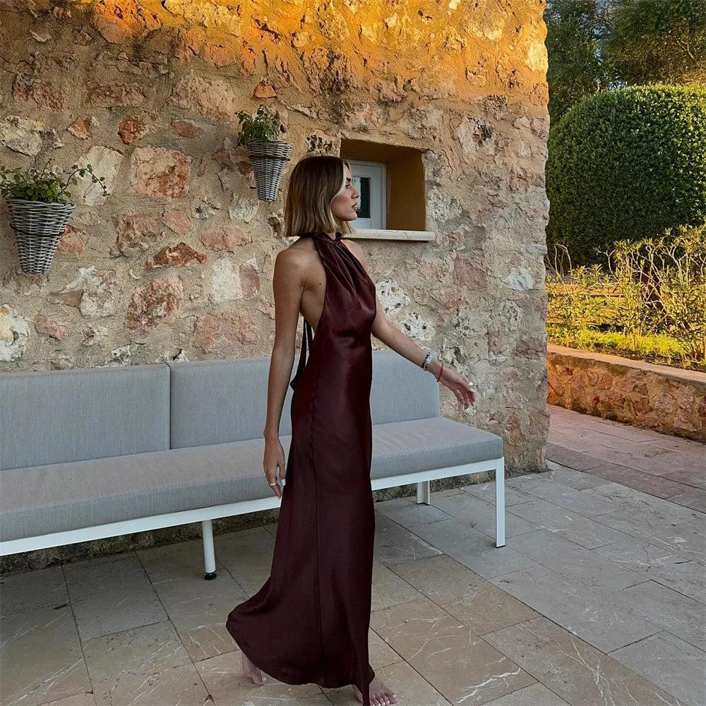 שמלת מקסי סאטן קולר גב פתוח - NURA