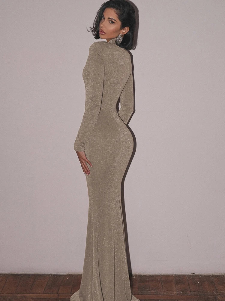 שמלת מקסי נצנצים צווארון גולף בעיטור פתח - Elliana