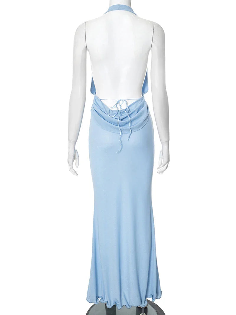 סט שני חלקים בעיצוב בד נשפך טופ צווארון נופל גב פתוח וחצאית מקסי - סקרלט