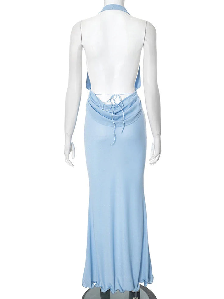 Two-piece set in a flowing fabric design, a drop-neck top with an open back and a maxi skirt - Scarlet