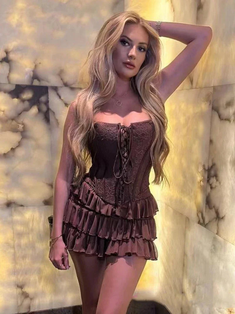 סט שני חלקים טופ מחוך קשירות וחצאית מלמלה מדורגת סטייל וינטג' - סורנטו