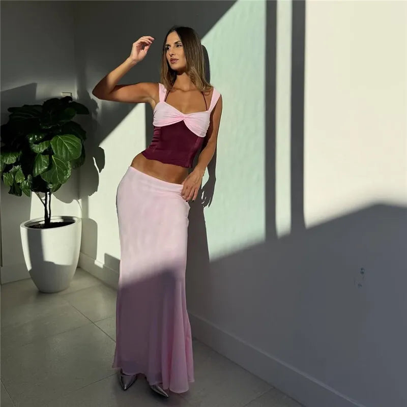 סט שני חלקים חולצה בעיצוב סאטן וחצאית מקסי בעיטור שיפון - מקסימה